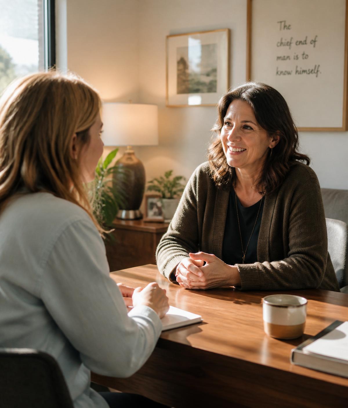 Two people talking across a desk in a sunlit room