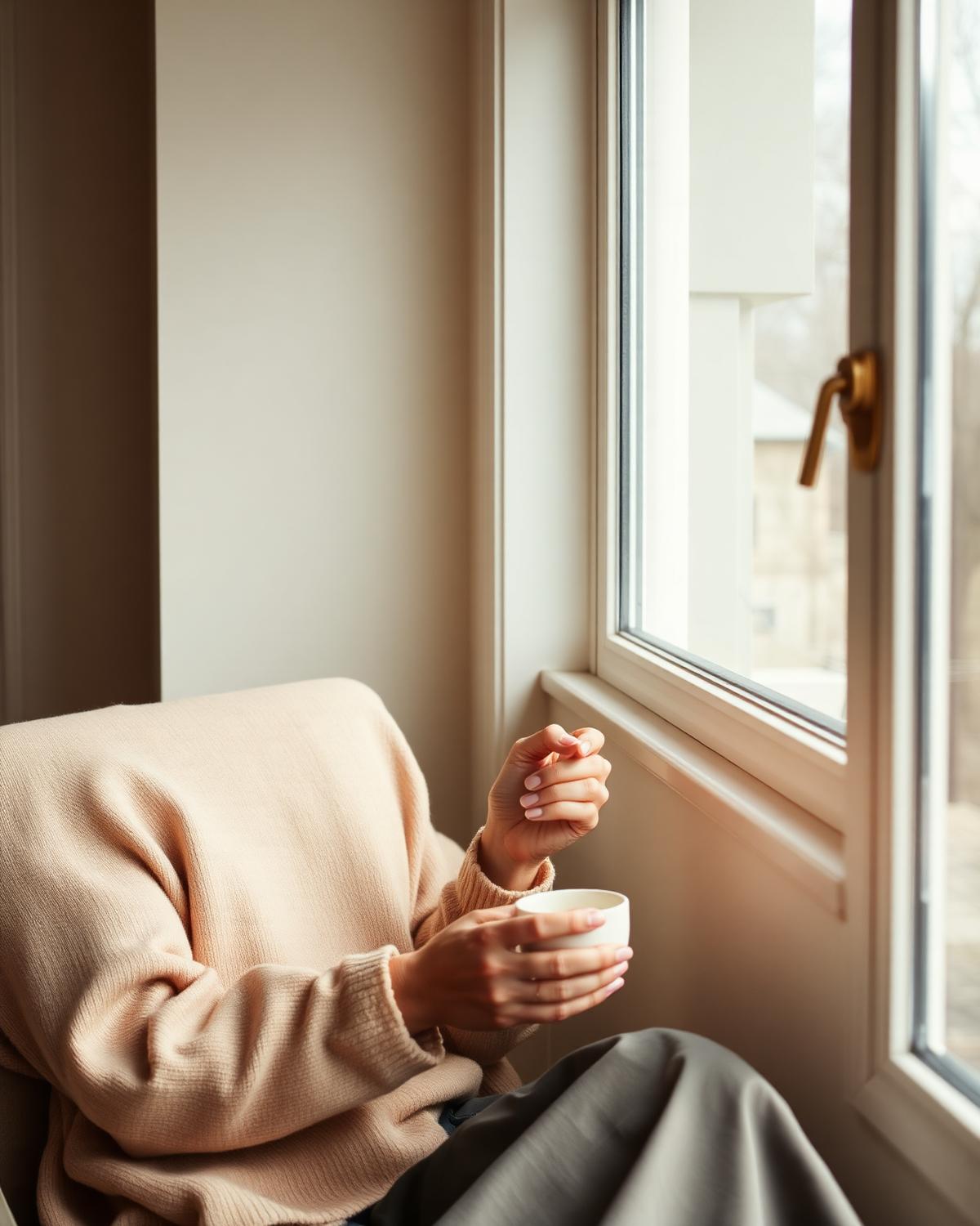 Woman seated by a window with a coffee cup in warm daylight