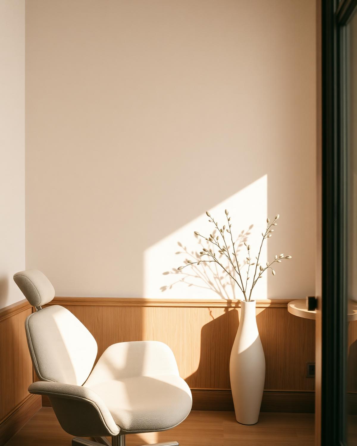 Sunlit consultation room with oak paneling and a linen chair