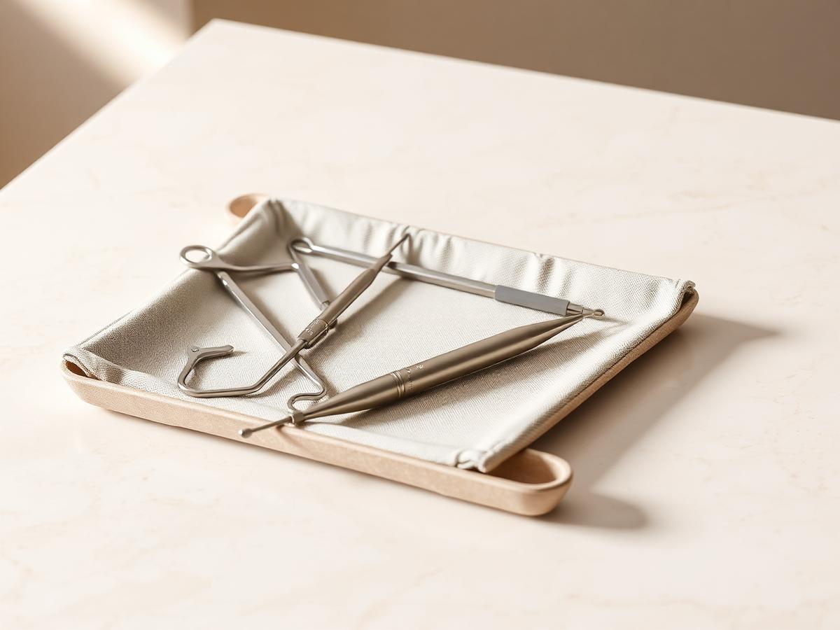 Instruments arranged on a linen tray on a pale stone counter