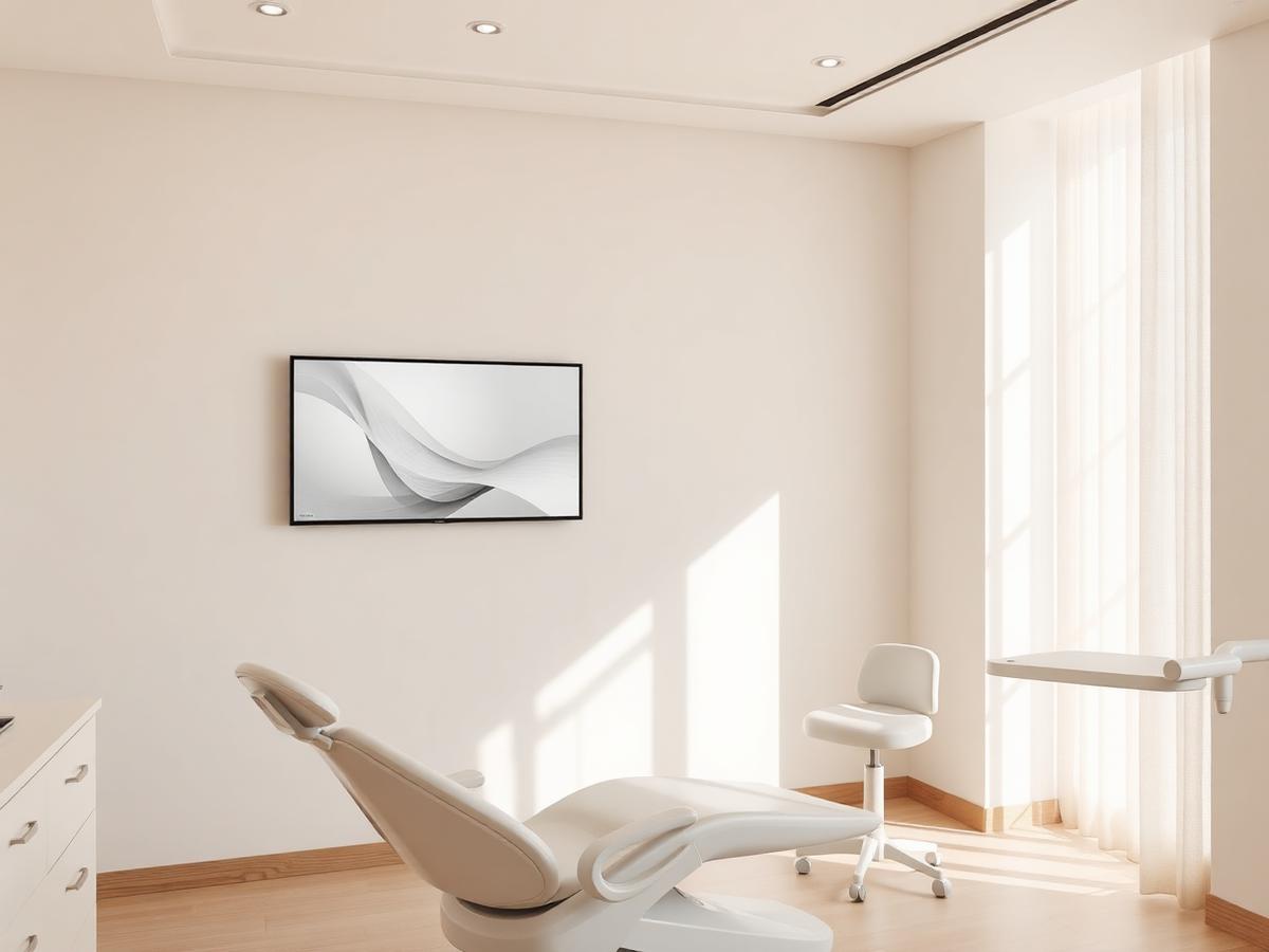 Calm operatory with a wall screen and linen curtains