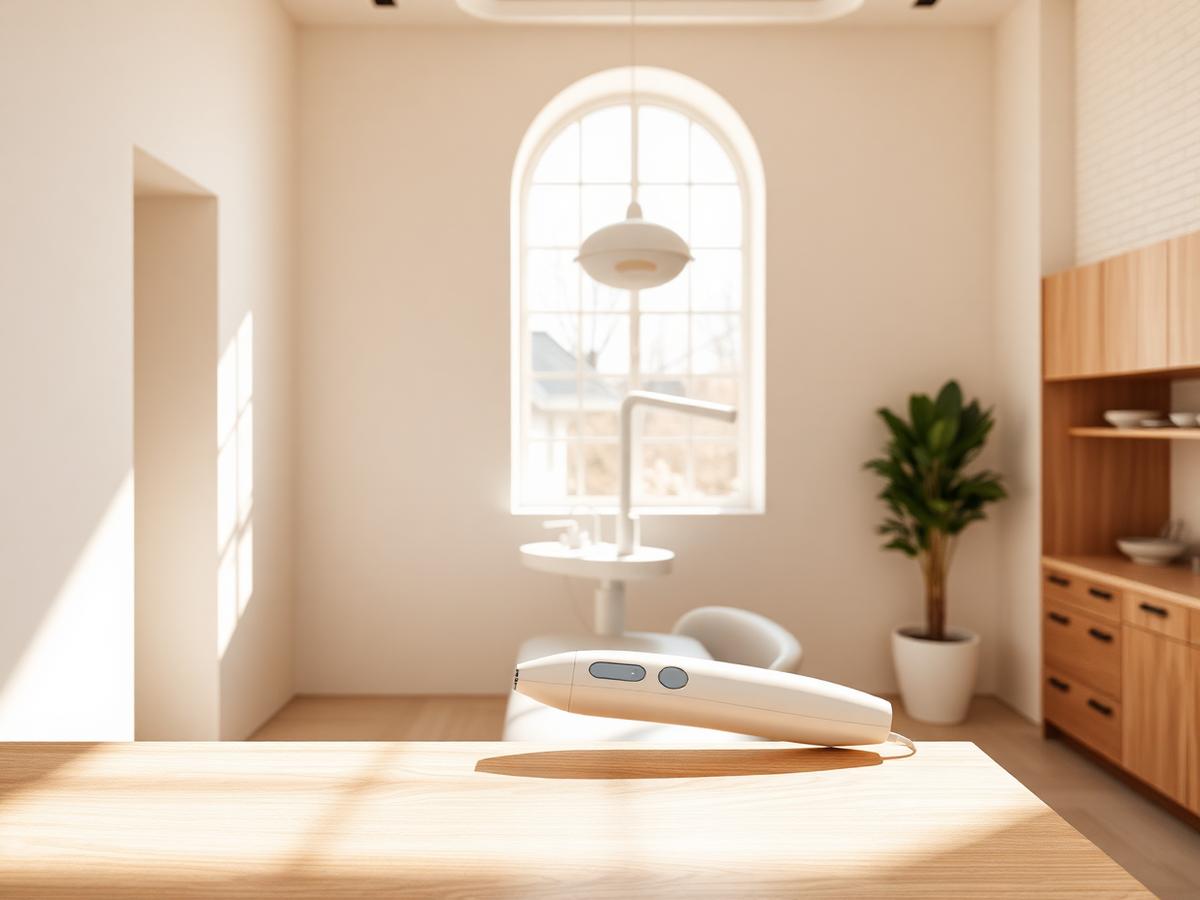 Handheld digital scanner resting on an oak counter in a sunlit room